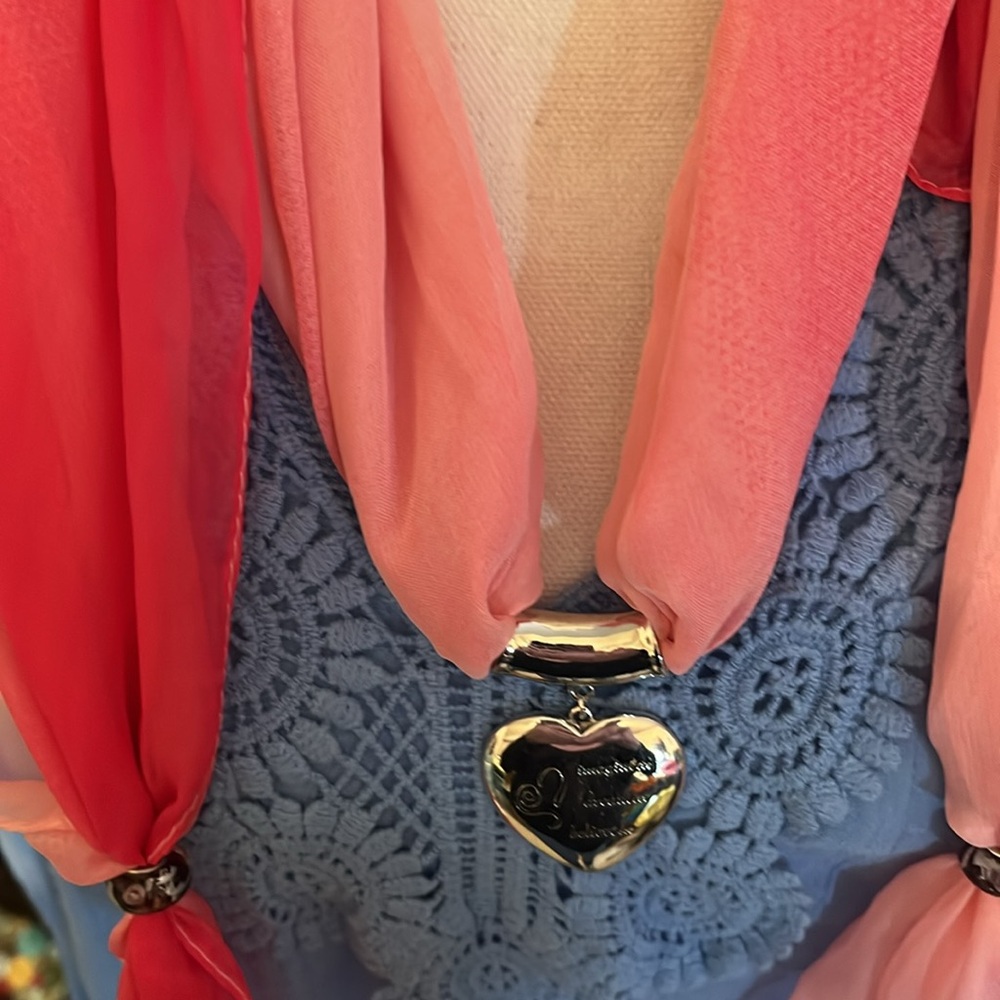 Upcycled vintage scarf with center pendant and accent beads.